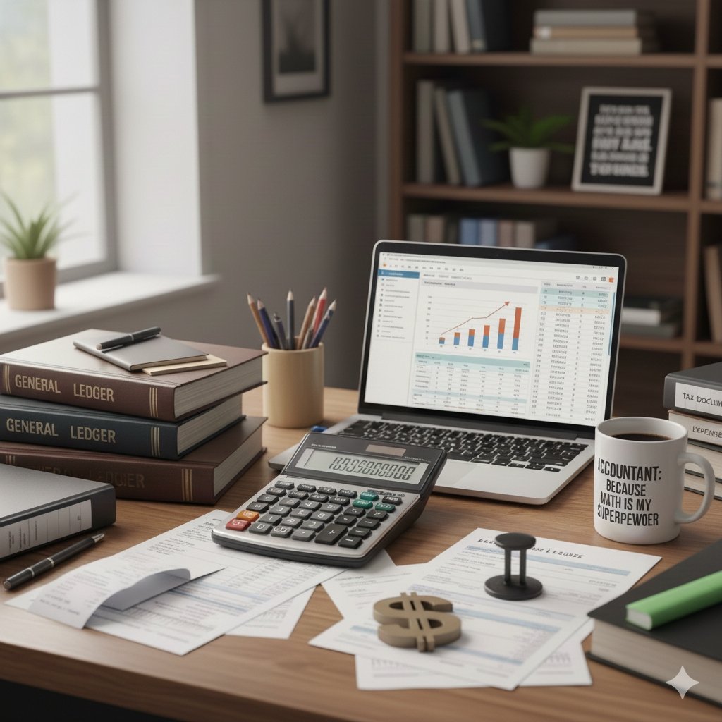 Escritório de contabilidade com notebook e calculadora